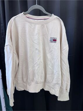 Tommy Hilfiger Neutral Cream Crewneck Sweatshirt with Flag Logo